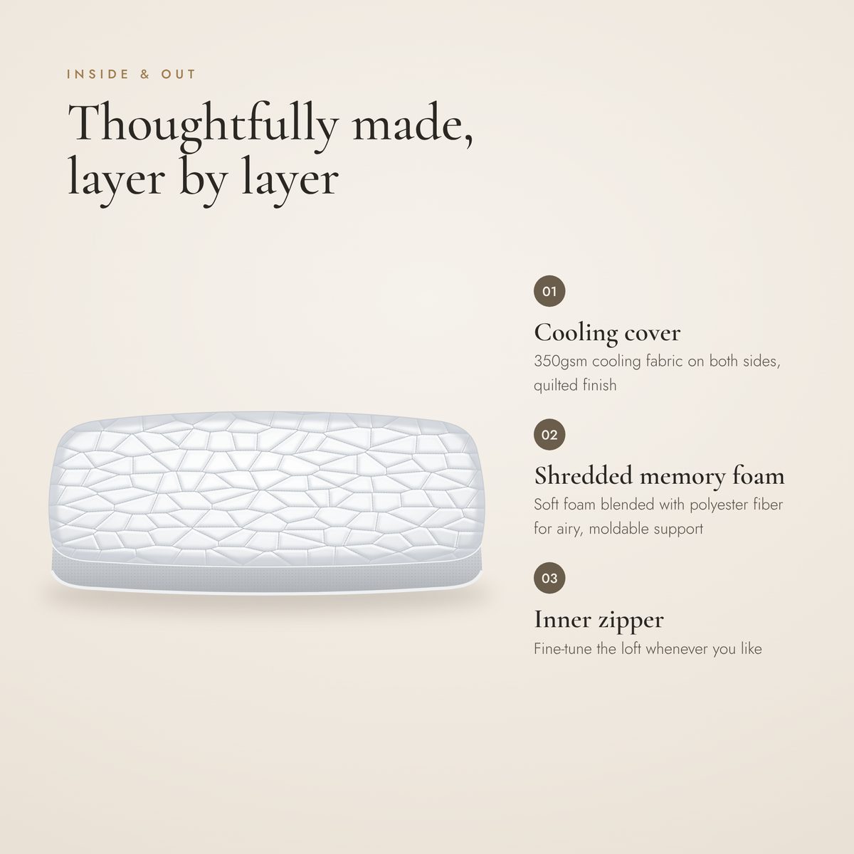 Pillow materials: cooling cover, shredded memory foam fill, inner zipper